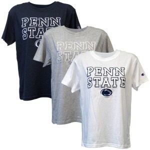 navy, gray, and white women's short sleeve t-shirts with Penn State and Athletic Logo